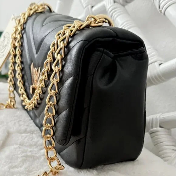 Valentino Orlandi Quilted Vegan Leather Shoulder Bag Gold Chain Black NWT $279 - Picture 3 of 16